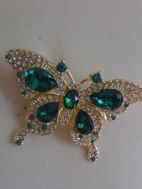 Gold Butterfly Brooch with Emerald Green Crystals - Women Jewelry